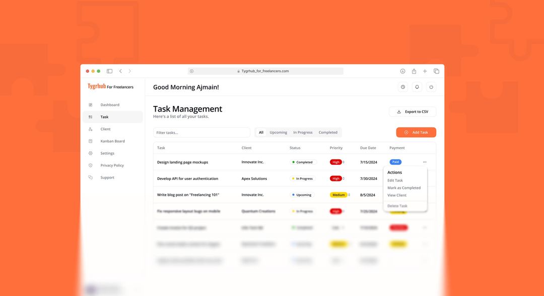 Tygrhub for Freelancers task management screen in a browser window on an orange background