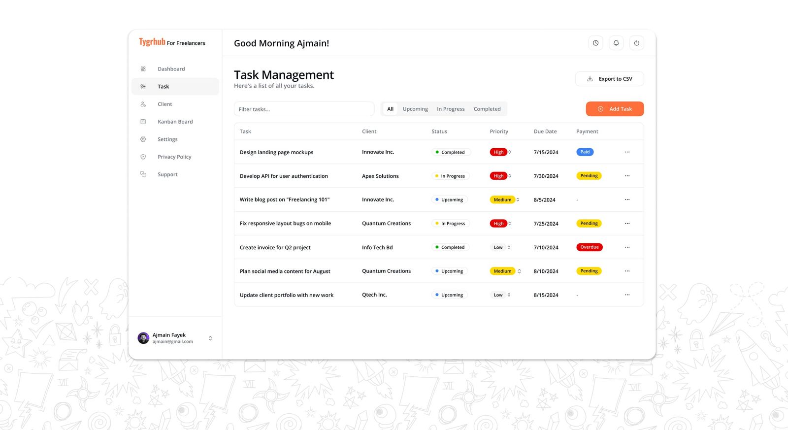 High-fidelity task management screen — Client Management Web App case study