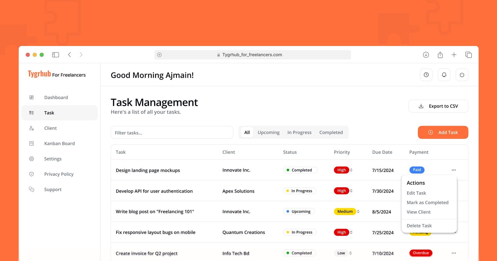 Final UI with row actions — Client Management Web App case study
