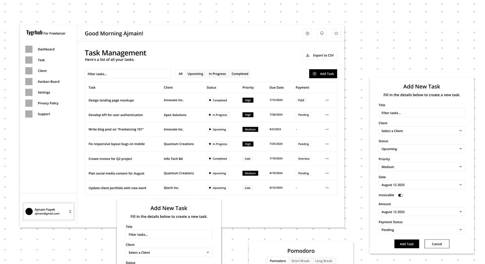 Wireframes — task management and the add-task flow — Client Management Web App case study