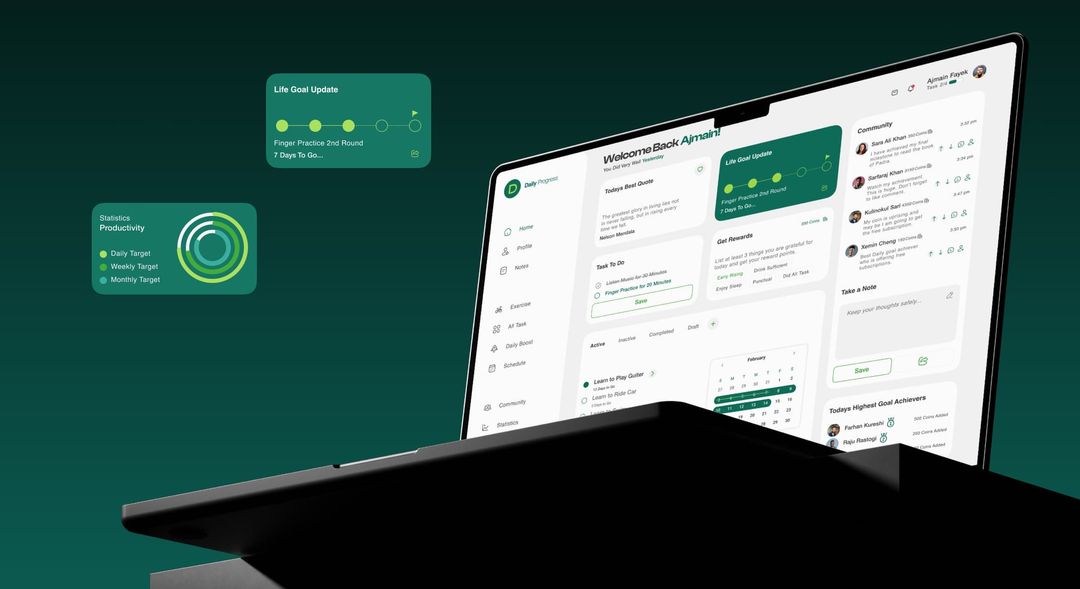 Daily Progress dashboard shown on a laptop with life-goal and productivity widgets