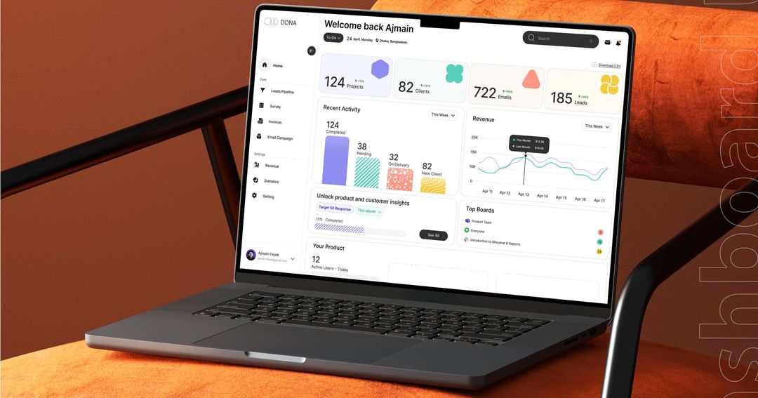 Finance dashboard interface with revenue charts